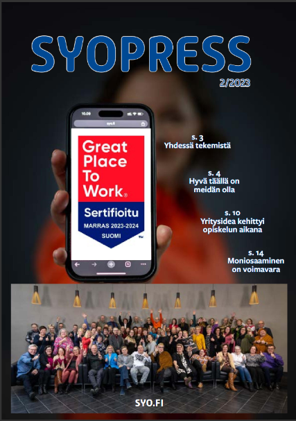 SYOpress -lehden kannessa puhelimen näyttökuva, jossa lukee Great Place To Work.