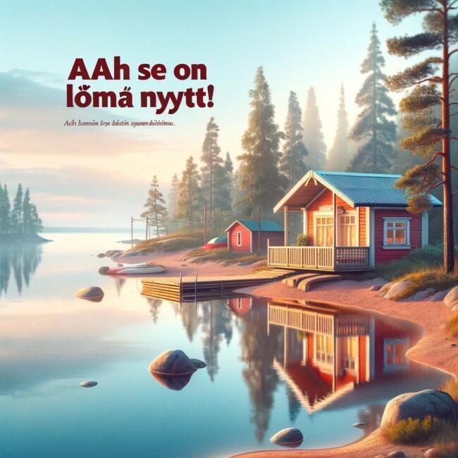 Tekoälyllä tehty mökki järvenrannassa.