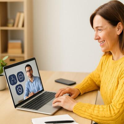 Keltapaitainen nainen osallistuu webinaariin läppäriltä.