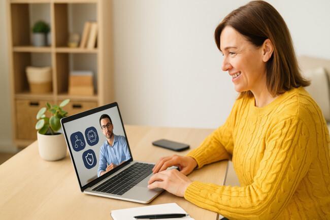 Keltapaitainen nainen osallistuu webinaariin läppäriltä.