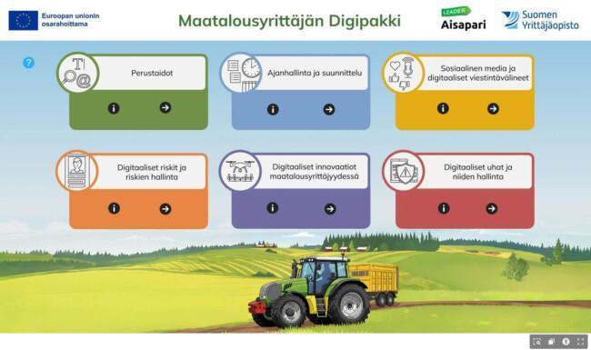 Suomen yrittäjäopiston kehittelemä digitaalinen työkalu maatalousyrittäjille, Maatalousyrittäjän digipakki.