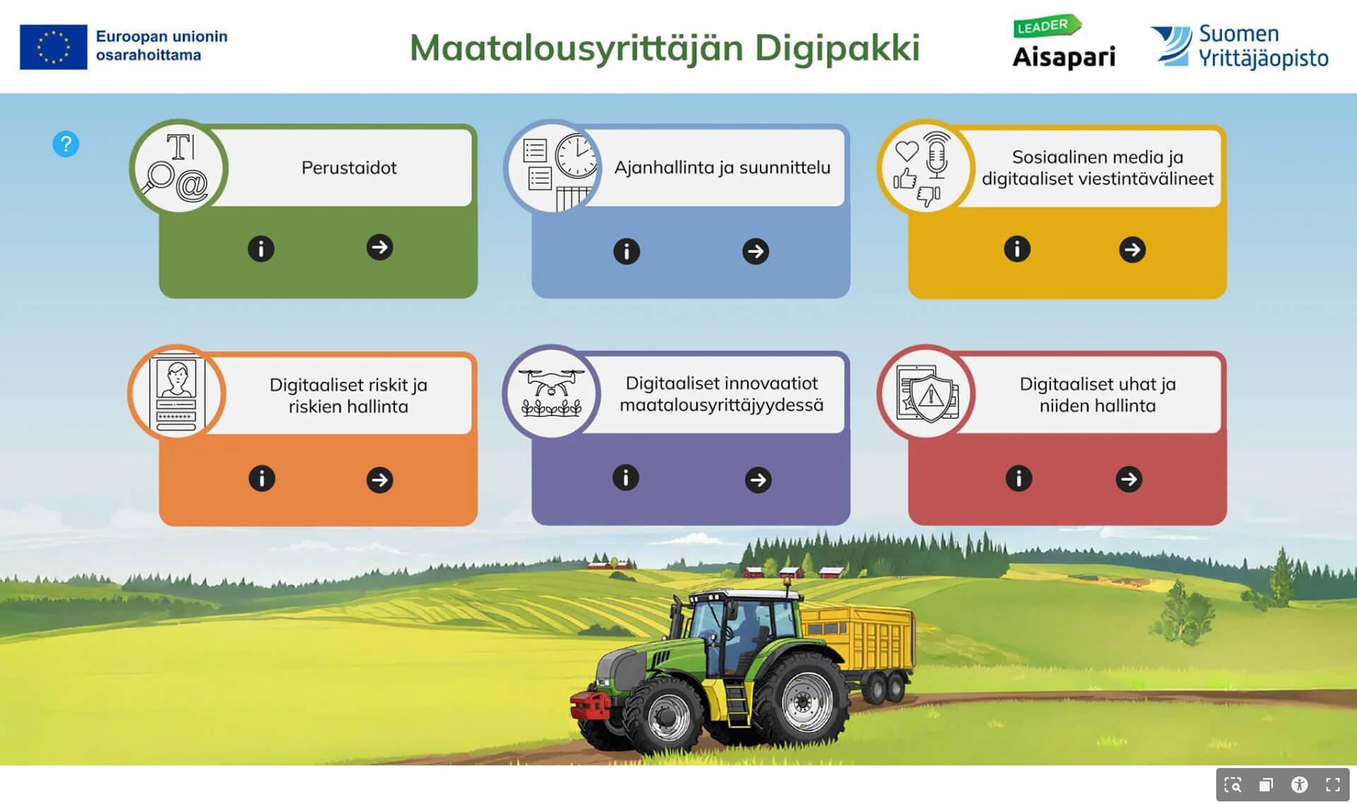 Suomen yrittäjäopiston kehittelemä digitaalinen työkalu maatalousyrittäjille, Maatalousyrittäjän digipakki.