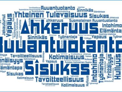 Nainen maatilan päätöksentekijänä -webinaarin sanapilvi, jossa korostuvat sanat ruuantuotanto, ahkeruus, sisukas, tulevaisuus, kotimaisuus ja tavoitteellisuus.