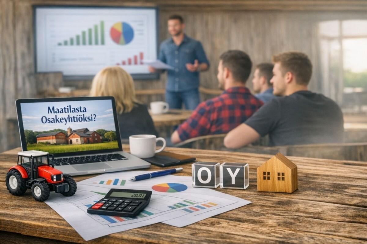Maatilasta osakeyhtiöksi koulutuksesta tekoälyllä tehty kuva, jossa ihmisiä työpajassa, läppäri ja maatalouden laskelma- ja budjetointipohjia.