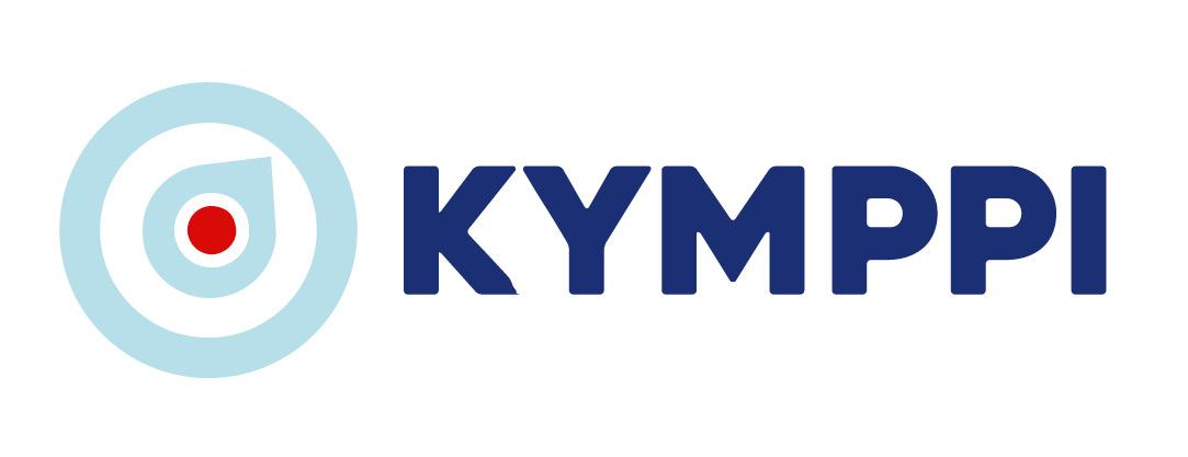 KYMPPI-logo. Vaaleansininen kohdistustaulu-kuvio punaisella pisteellä ja pisaralla, vieressään tummansininen teksti KYMPPI.