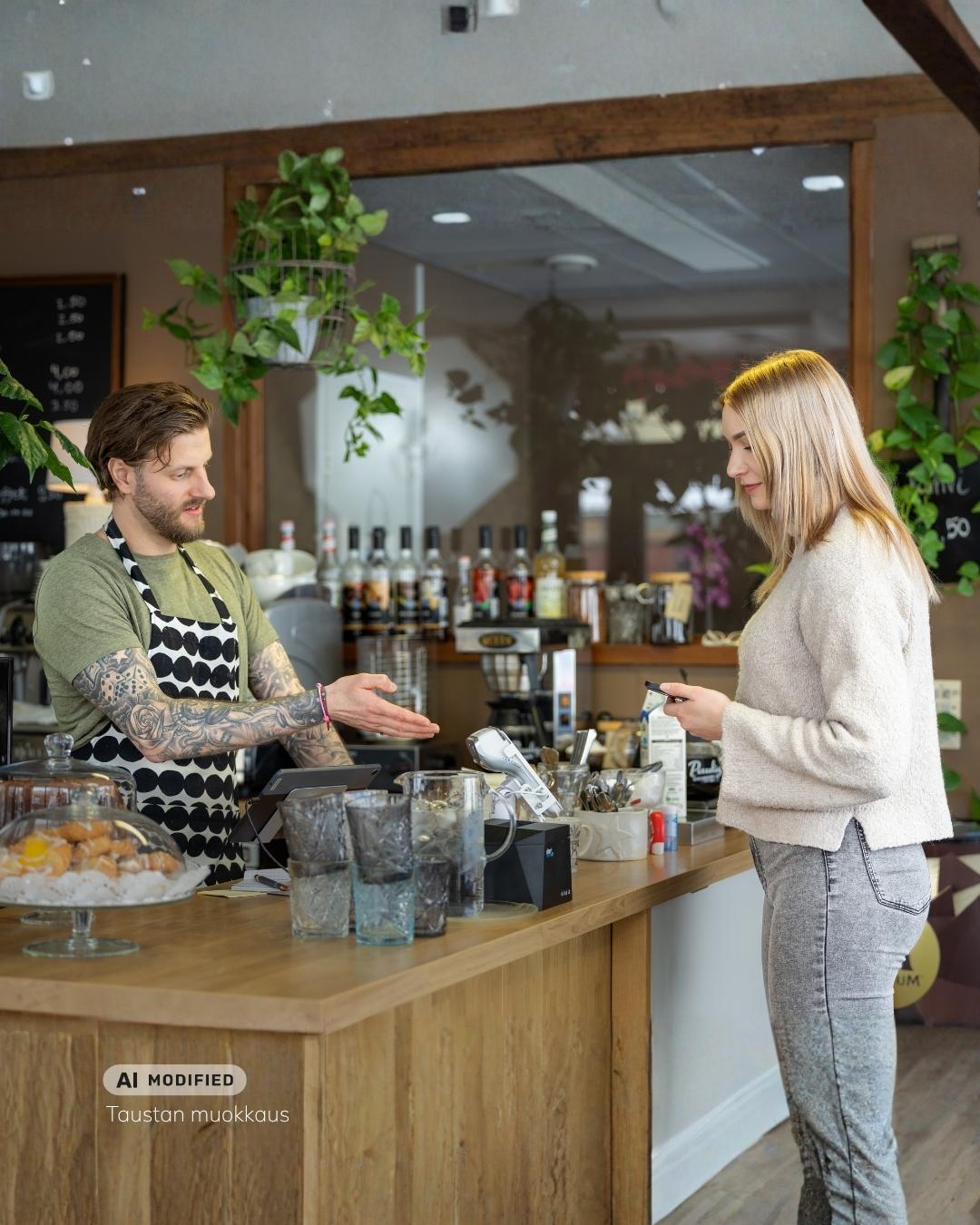 Barista rahastaa kahvilassa asiakasta. Taustaa muokattu tekoälyllä.