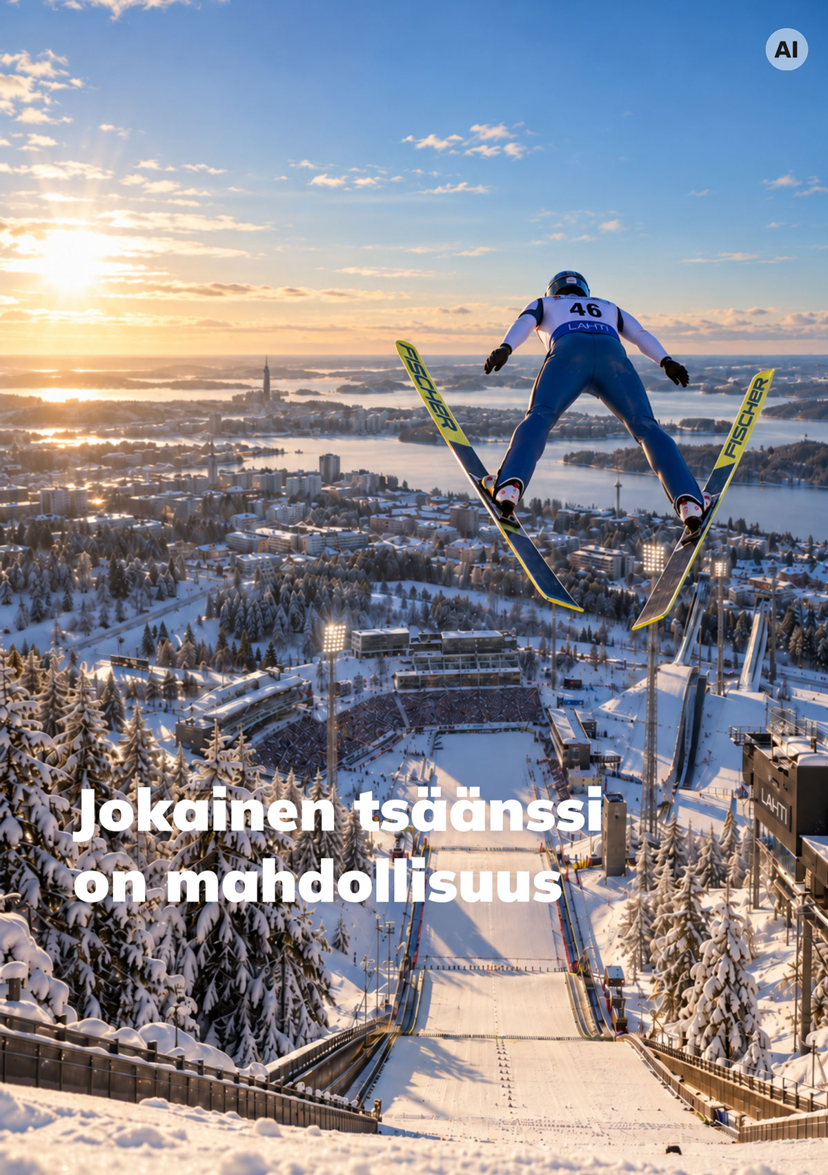 Mäkihyppääjä lentomäessä talvisessa maisemassa. Taustalla auringonnousu.