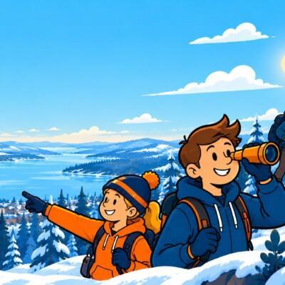 Piirretty talvimaisema, jossa ihmisiä puiden seassa.