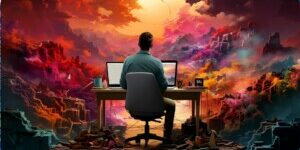 Mies istuu tietokoneella ja taustana on värikäs taivas.